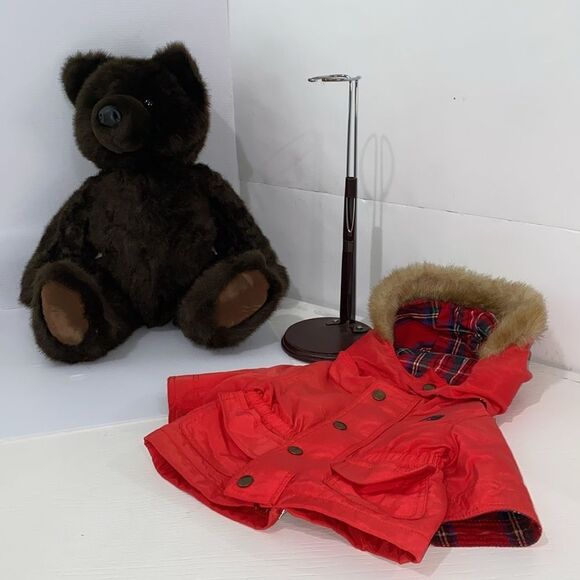 Vintage L.L. Bean Red Teddy Bear Coat Black Bear Includes Bear Stand - Picture 6 of 10
